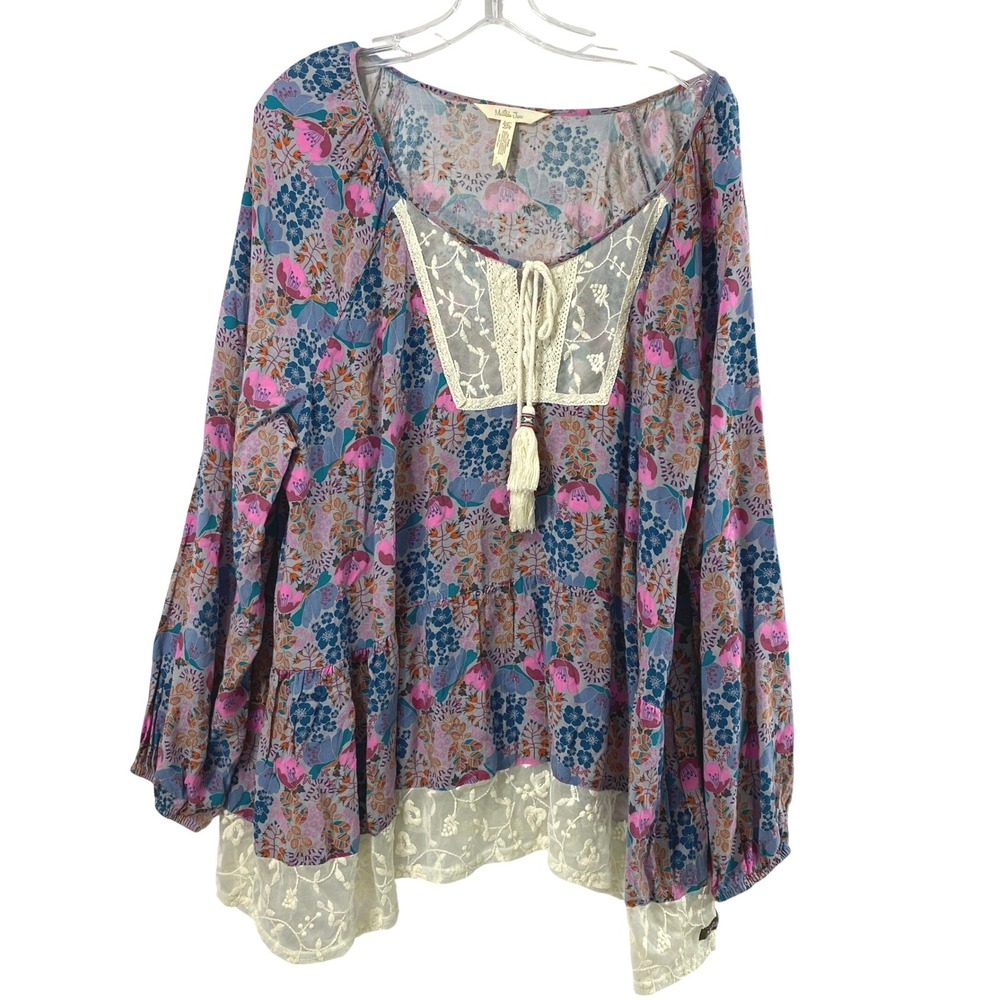 Matilda Jane Top Womens XXL Floral Lace Trim Boho Peasant Tassel Blouse Cottage